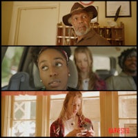 a series of pictures showing a woman and a man looking at a cell phone