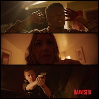 a series of pictures showing a man holding a gun and a woman holding a gun